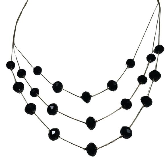 Vintage Jewelry - Black Glass Layered Floating Beads Vintage Necklace Silver Tone Mini Chain Link